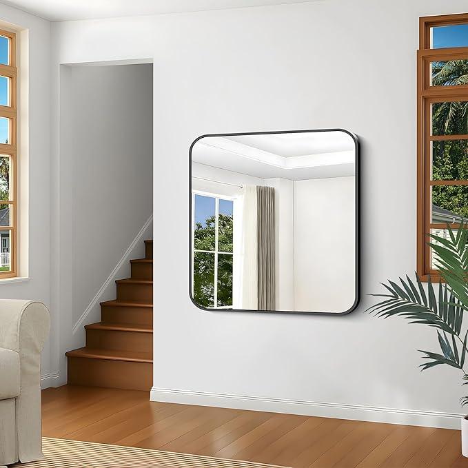 CIVENO Black Bathroom Mirror, 38x40 inch Aluminum Metal Frame Rectangular Vanity Mirror, Large Wall Mounted Rectangle Mirrors with Rounded Corner for Over Sink Bedroom Living Room Horizontal/Vertical - ModernBath