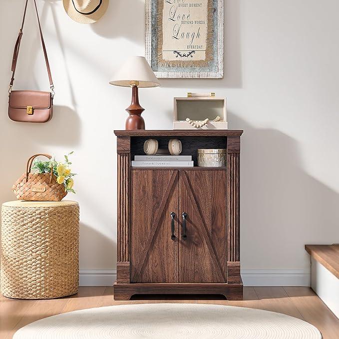 24" Farmhouse Storage Cabinet – Walnut Freestanding Buffet Sideboard with Barn Doors, Adjustable Shelf, Small Coffee Bar for Kitchen, Bathroom & Living Room - ModernBath