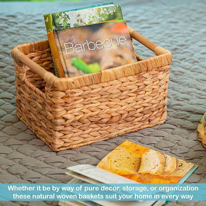 Small Wicker Baskets for Organizing Bathroom, Hyacinth Baskets for Storage, Wicker Storage Basket with Wooden Handle, Decorative Small Basket 10 x 7.5 x 6.3 inches - 3 Pack - ModernBath