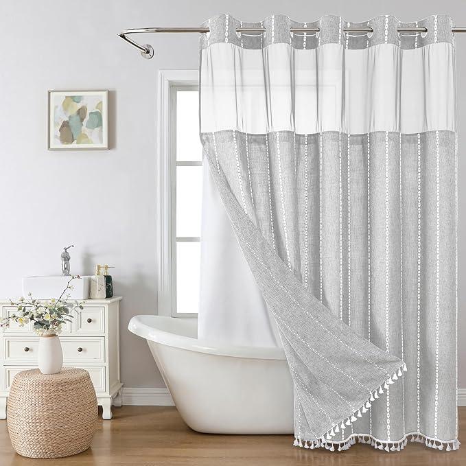 eachope No Hook Long Shower Curtain Set with Snap-in Fabric Liner,Linen Ultra Thick Fabric with Tassels,Boho Chic Modern Farmhouse Country Neutral Cloth Shower Curtains for Bathroom,Grey/Gray,71x80 - ModernBath