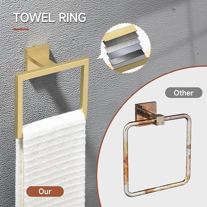 TQKAG Brushed Gold Bathroom Hardware Accessories Set 10 Pieces, 23.6" SUS304 Stainless Steel Towel Bar Set Wall Mounted Includes Single Towel Bar, Towel Ring, Toilet Paper Holder, Double Towel Hooks - ModernBath