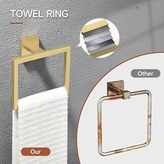 TQKAG 7-Pieces Brushed Gold Bathroom Hardware Accessories Set 23.6" SUS304 Stainless Steel Towel Bar Set Toilet Paper Spare Rolls Storage Holder Wall Mounted - ModernBath