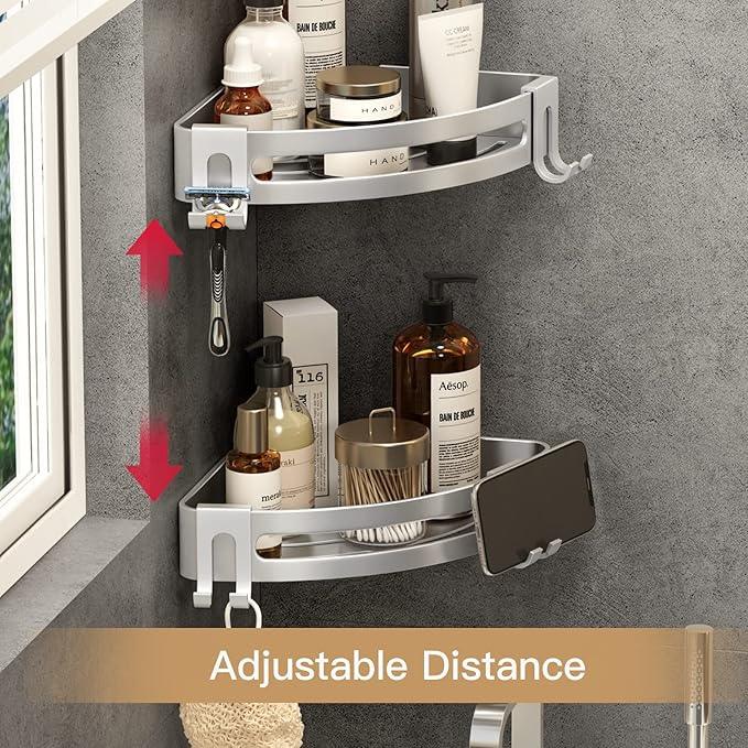 VOLPONE Shower Corner Shelf Caddy 2 Pack shower Organizer No Drill (adhesive mounting, no suction cup) Shower Storage Rust Proof Bathroom Corner Wall Shelf shampoo holder Silver - ModernBath