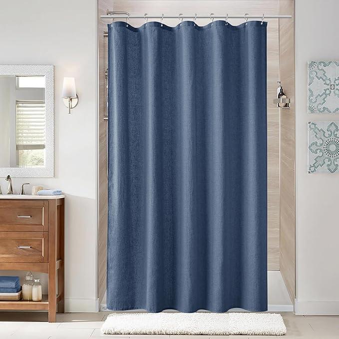 Naturoom Vintage Blue 54 Inch Shower Curtain - Stall Narrow Half Linen Ultra Thick Fabric Shower Curtain Set with Hooks, Boho Farmhouse Rustic RV Camper Bath Curtains for Bathroom, 54x78 - ModernBath