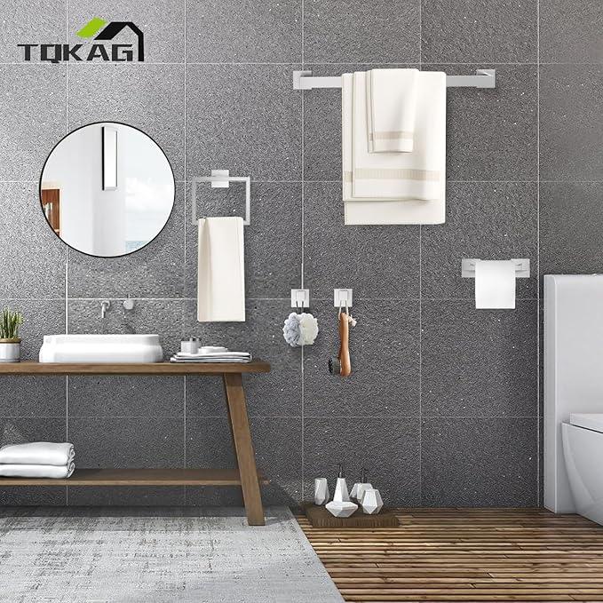 TQKAG Brushed Nickel Bathroom Hardware Accessories Set 5 Pieces, Double Post Pivoting Toilet Paper Holder Set Stainless Steel Square Bathroom Towel Bar Holder Set Wall Mounted - ModernBath