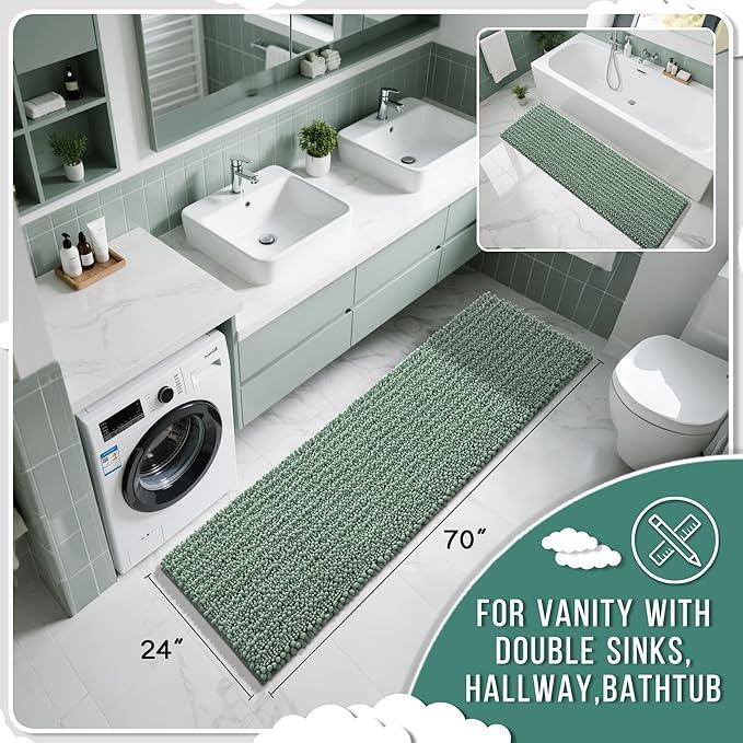 Yimobra Bathroom Runner Rug 70x24 Inch - Extra Long Non Slip Chenille Bath Mat, Soft & Absorbent, Machine Washable Shaggy Hallway Carpet for Vanity Tub Shower, Green Home Decor Accessories - ModernBath