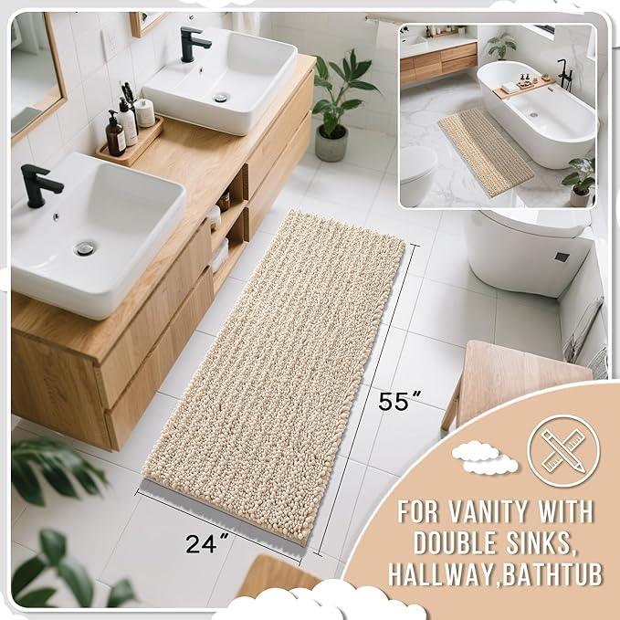 Yimobra Bathroom Runner Rug 55x24 Inch - Extra Long Non Slip Chenille Bath Mat, Soft & Absorbent, Machine Washable Shaggy Hallway Carpet for Vanity Tub Shower, Light Brown Home Decor Accessories - ModernBath