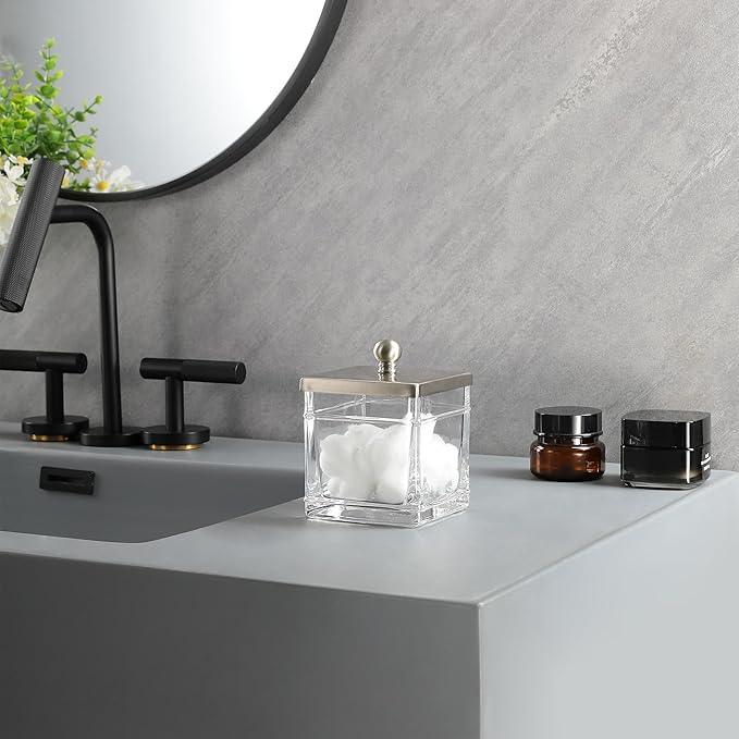 Indecor Home Apothecary Glass Cotton Jar Holder Brushed Nickel Stainless Steel Lid, Elegant Bathroom Storage Canister for Qtips, Cotton Balls, Floss, Makeup Organizer, Vanity Bathroom Organization - ModernBath