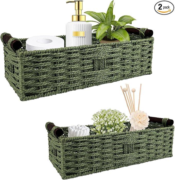 Green Toilet Basket Tank Topper for Bathroom Organizers & Storage, Paper Rope Imitation Wicker Toilet Paper Holder Basket with Handles for Desk, Countertop, Boho Coastal Bathroom Decor 2 PCS - ModernBath