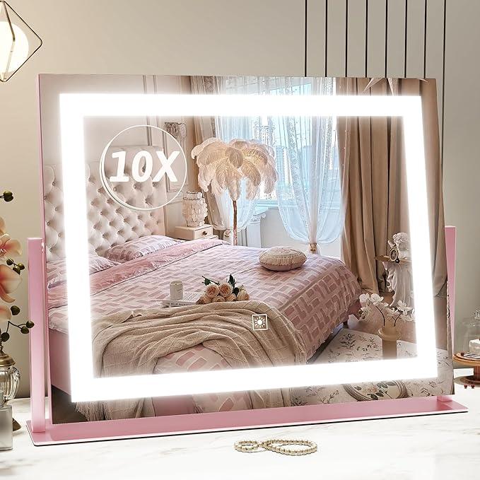 ROLOVE Pink Vanity Mirror with Lights 22"x18", Lighted Makeup Mirror with 10X Magnification, Smart Touch 3 Colors Dimmable, 360° Rotation, Gift for Teens - ModernBath