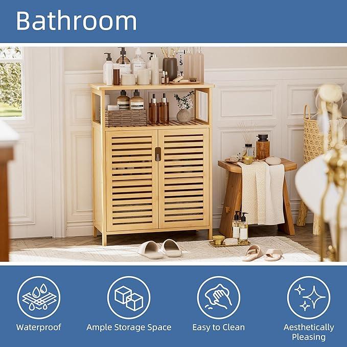 HITNET Bathroom Cabinet Freestanding, Bamboo Storage Cabinet 4-Tier Floor Cupboard with Door and Shelf for Bathroom, Kitchen, Hallway, Natural - ModernBath