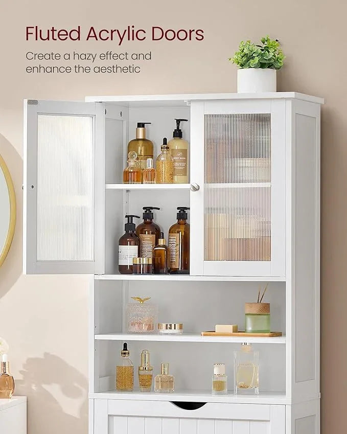 VASAGLE Storage Cabinet, Freestanding Storage Unit with Adjustable Shelves, Drawer, Open Compartments, for Bathroom, Living Room, Kitchen, Cloud White UBBC768WH01S - ModernBath