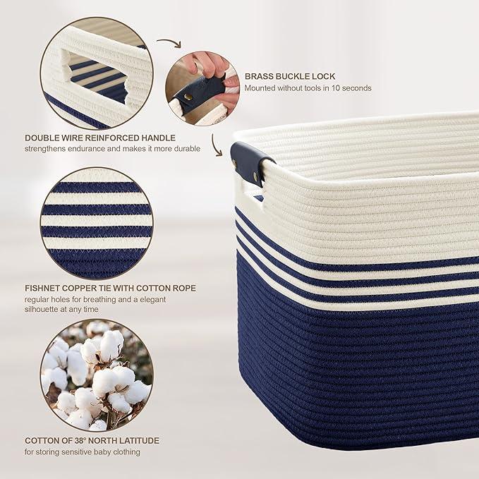 86L Extra Large Laundry Basket with Leather Handles for Living Room Storage, Woven Rope Baskets for Blanket, Kids Toy, Gifts, Wicker Hamper for Bedroom Dirty Clothes, 24"x16"x14" White Navy - ModernBath