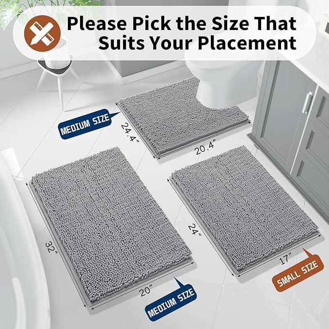 Yimobra Washable Bathroom Rugs, Super Soft & Absorbent Chenille Bath Mat for Floor & Carpet, Quick Dry Non Slip Bath Mat for Tub Shower, 24" x 17",Grey - ModernBath