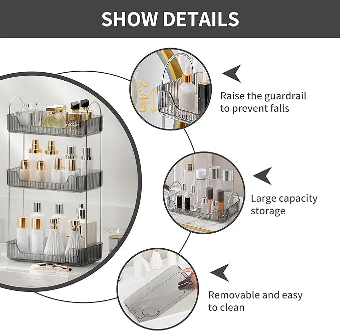 YCIA&DONE Bathroom Organizer Countertop, Makeup Storage, Skincare Cosmetic Tray Shelf, Perfume Holder Rack for Vanity Counter, Large Capacity, Easy to Install, Clean, 3 Tiers, Smoky Gray - ModernBath