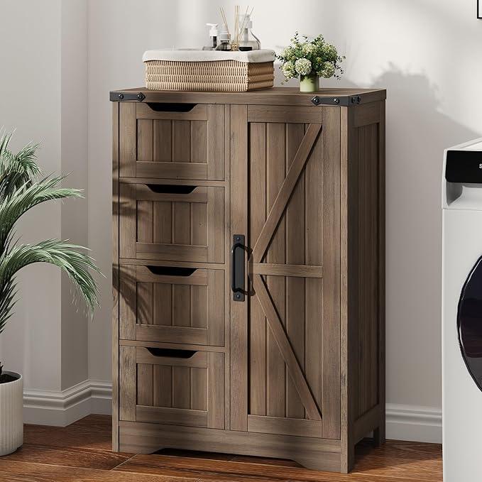 Vabches Farmhouse Bathroom Cabinet, Freestanding Storage Cabinet with 4 Drawers and 1 Door, Rustic Storage Organizer with Adjustable Shelf for Bathroom, Living Room, Entryway, Grey - ModernBath