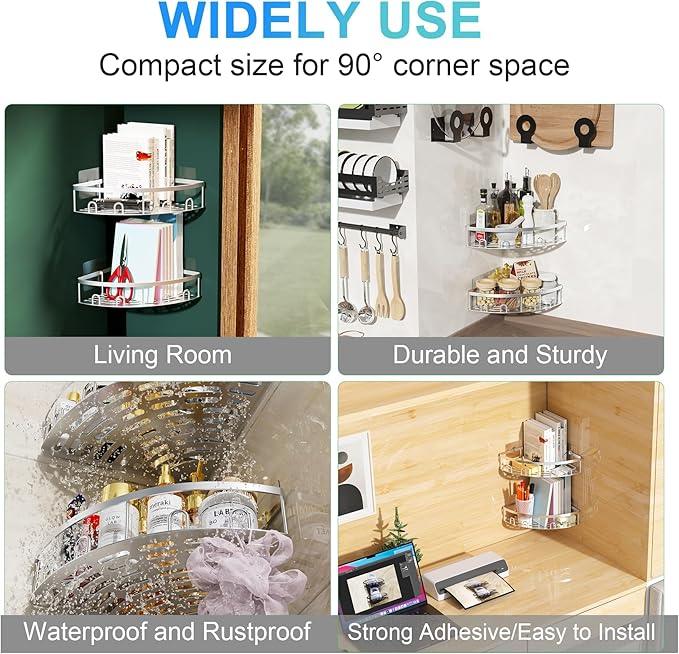 Corner Shower Caddy, 2 Pack Adhesive Bathroom Shower Corner Organizer Shelf, No Drilling Rustproof Wall Mounted Shower Storage Rack Shampoo Holder Organizer (Silver) - ModernBath