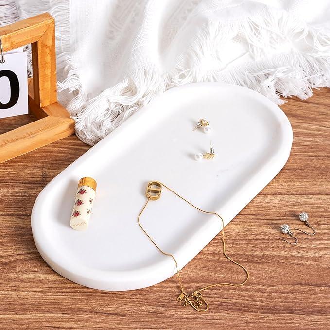 Koville Natural Marble Tray for Bathroom Decor Countertop, Vanity Tray Italy Oval Stone Trays for Candles Perfume, Storage Trays for Cosmetics, Jewelry, Decorative Tray for Dresser Organizer(White) - ModernBath