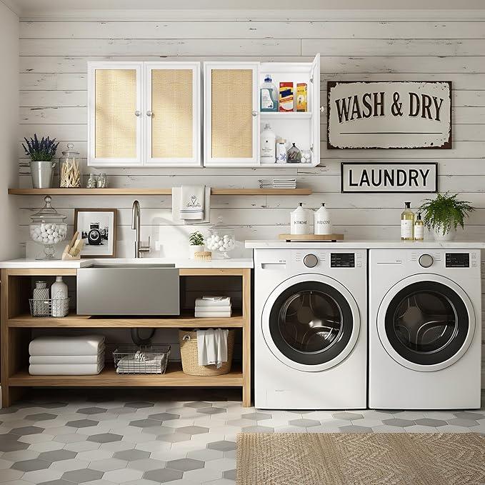 Kitchen Wall Cabinets,Rattan Wall Mounted Laundry Cabinets with Adjustable Shelf, Floating Hanging Storage Cabinet for Laundry Room, Bathroom, Kitchen - ModernBath