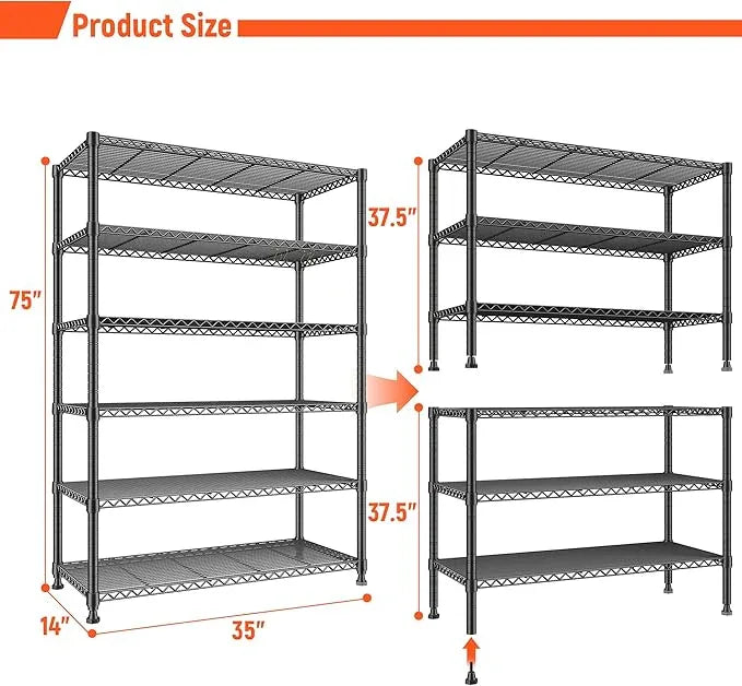 REIBII 75" H Metal Shelving 6 Tier Storage Shelf Adjustable Kitchen Shelf Wire Shelving Unit Detachable Storage Rack for Kitchen Laundry Living Room Commercial Heavy Duty Metal Shelf 75" X35" X14" - ModernBath