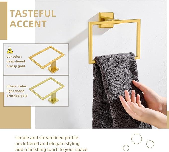 Angle Simple Hand Towel Holder Deep Brassy Gold, SUS 304 Stainless Steel Square Towel Ring for Bathroom Wall, 7.09 Inches - ModernBath