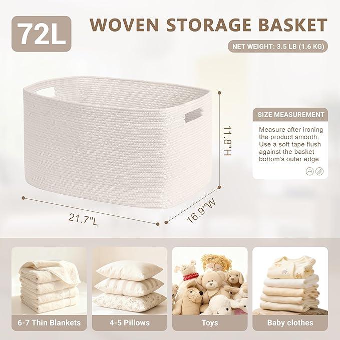 72L Large Baby Girls Laundry Basket for Nursery Storage,Cute Woven cotton Rope Baskets for Kids Toy，Gifts,Boho Square Wicker Blanket hamper for Living Room,Bedroom Dirty Clothes, White - ModernBath