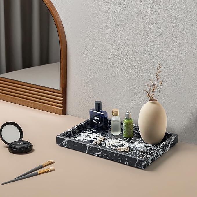Zilukar Real Natural Marble Tray for Bathroom, Vanity, Kitchen and Desktop, Rectangle Genuine Marble Stone Tray for Jewelry, Cosmetics, Candles, Lotion, Perfume and Home Decor (Black) - ModernBath
