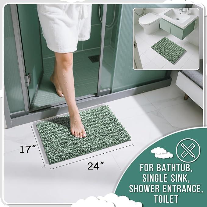 Yimobra Bathroom Rugs Non Slip Washable - Ultra Soft Absorbent Chenille Bath Mat, Quick Dry Shaggy Floor Carpet for Tub Shower, Green Home Decor Accessories, 24x17 Inch - ModernBath