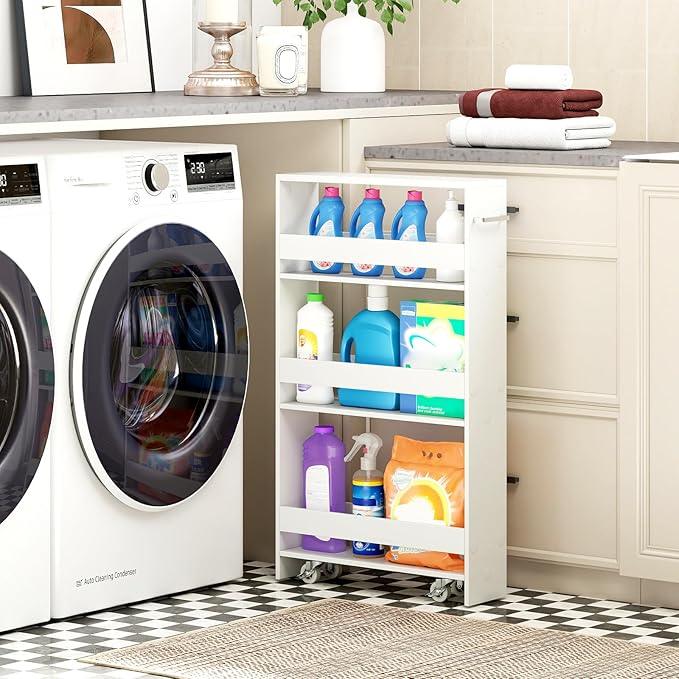 Small Kitchen Cart, 4-Tier Slim Rolling Island w/Handle, Laundry Room Storage Organizers Between Washer and Dryer, Narrow Spice Rack on Wheels Next to Fridge (White, 5'') - ModernBath