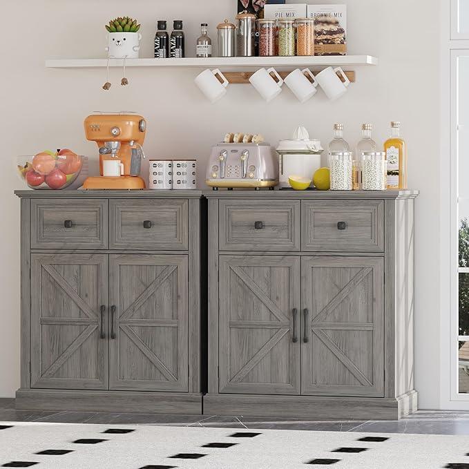 Vabches Farmhouse Buffet Sideboard with Drawers, Wood Pantry Cabinet with Storage, Rustic Storage Cabinet with Adjutable Shelf and Barn Door for Kitchen, Dining Room, Living Room, Black - ModernBath