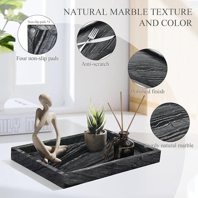 Natural Marble Tray for Bathroom, Genuine Ancient Wood Grain Marble Vanity Tray, Luxury Stone Trays for Dresser, Home Decor, Kitchen, Non-Resin/Non-Ceramic, 12"x 8", Ancient Wood Grain - ModernBath