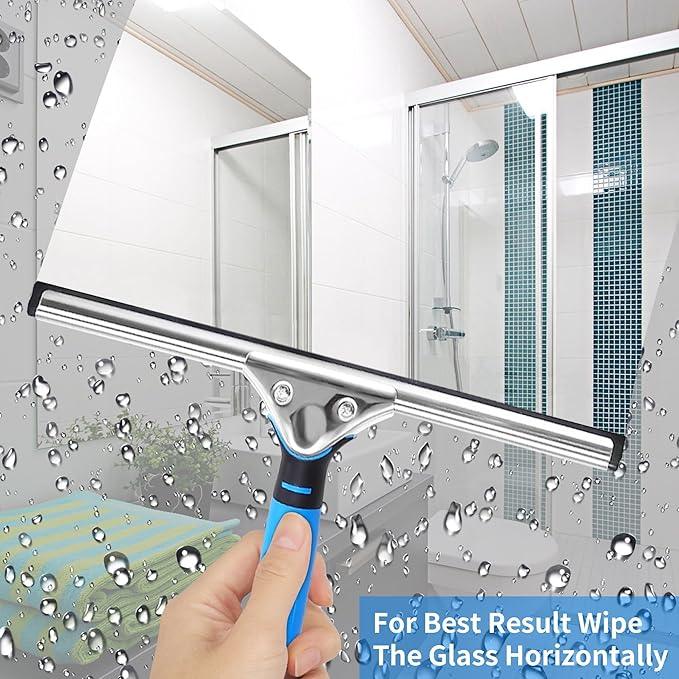 HYCDFCS Squeegee with Shelf Storage for Window Cleaning,Window Cleaning Squeegee kit with Bucket&Microfiber Scrubber,Bathroom,Shower Doors,Mirrors,Tiles,and Car Windows Blue - ModernBath