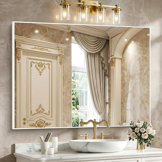 BONEWEI White Bathroom Mirror,36x48 inch Wall Mirror for Bathroom Wall Mounted,Large Rectangle Mirror for Bathroom Over Sink,Modern Metal Frame for Living Room,Bedroom Entryway,Horizontal/Vertical