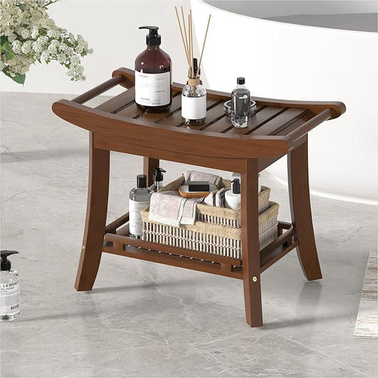 Eastglory Bamboo Shower Bench Chair Bathroom Shower Stool Seat for Inside Shower Bathtub with Storage Shelf Shower Foot Rest for Shaving Legs 25.2 x 13 x 19.2 Inches Chestnut Brown - ModernBath