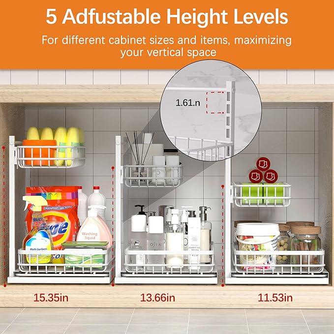 Under Sink Organizer, Adjustable Height Pull-Out Kitchen Storage Organization,15.8" x 11.8" x 16.5",2-Tier Kitchen Shelf,Bathroom Drawer Organizer, White - ModernBath