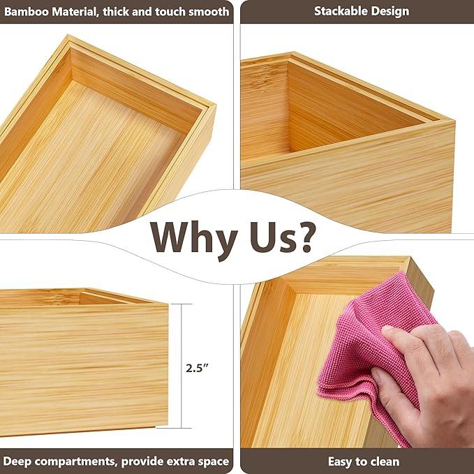Kitchen Drawer Organizer Bins, Stackable Bamboo Deep Drawer Organizer for Silverware, Utensils, Cutlery, Flatware, Junk Drawer, Dresser, Bathroom, 15" x 6" x 2.5" (Set of 2) - ModernBath