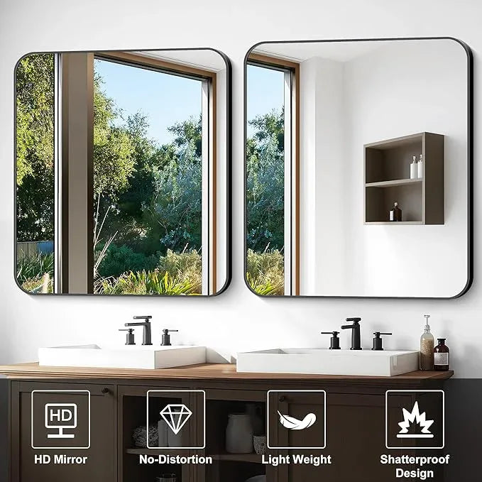 CIVENO Bathroom Mirror, 40 x 36 inch Black Rectangle Wall Mirror, Metal Frame Rectangular Vanity Mirror, Rounded Corner Wall Mounted Mirror for Modern Bedroom Living Room Hangs Horizontal/Vertical - ModernBath