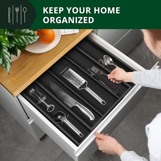 ROYAL CRAFT WOOD Luxury Bamboo Kitchen Drawer Organizer - Silverware Organizer - Utensil Holder and Cutlery Tray with Grooved Drawer Dividers for Flatware and Kitchen Utensils (5 Slot, Black) - ModernBath