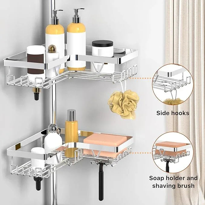 KEGII Corner Shower Caddy Tension Pole - Chrome 4-Tier Adjustable Shower Tension Rod Organizer with Hooks & Soap Holders, 25-114.2 Inch Stainless Steel Shower Storage Rack for Renters & Family - ModernBath
