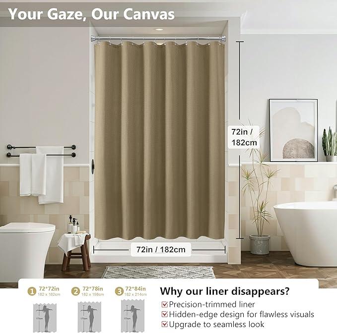 VANZAVANZU Luxury 3 in 1 Shower Curtain Set 3D Textured Waffle Weave Bathroom Curtain with Waterproof SGS Certified Fabric Liner & 12 Anti-Fall Stainless Steel Hooks, Machine Washable 72"x72" (Khaki) - ModernBath