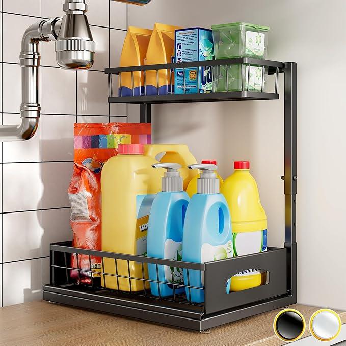 Under Sink Organizer and Storage, Height Adjustable Cabinet Organizer with Slide Out Drawer, Pull Out Under Sink Storage, Multi-Purpose 2 Tier Sink Shelves for Kitchen Bathroom Pantry (Black, 1 Pack) - ModernBath