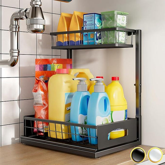 Under Sink Organizer and Storage, Height Adjustable Cabinet Organizer with Slide Out Drawer, Pull Out Under Sink Storage, Multi-Purpose 2 Tier Sink Shelves for Kitchen Bathroom Pantry (Black, 1 Pack) - ModernBath