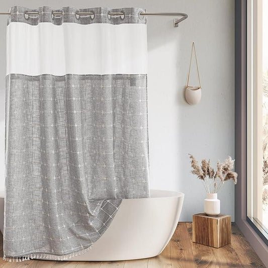 Farmhouse Shower Curtain with Snap-in Liner, No Hooks Needed Fabric Shower Curtains with Tassels for Rustic Bathroom Decor, with Window,with Magnets,Water Repellent&Machine Washable,Grey,71x74Inch - ModernBath