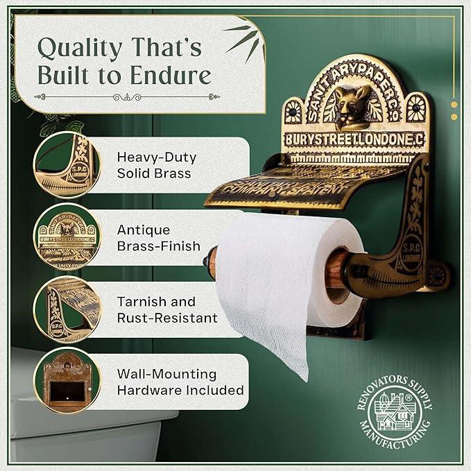 Renovators Supply Manufacturing Antique Brass Wall Mount Toilet Tissue Paper Holder 6.9" Wide Victorian Style Rust Resistant Solid Brass Bathroom Toilet Sanitary Paper Roll Holder Storage with Lid - ModernBath