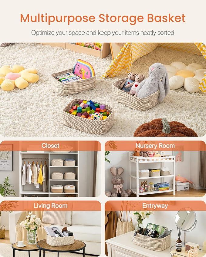 Small Woven Basket, 12 x 8 x 4.5 Inches, Storage Basket for Organizing, Cute Small Rope Shelf Closet Cube Storage Bins Baskets for Shelves, Dog Toy Gift Baskets Empty, 3 Pack Brown - ModernBath