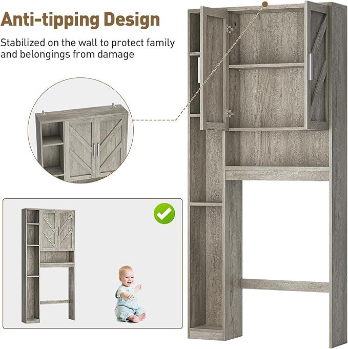 Over The Toilet Storage Cabinet with 7 Storage Shelves, Above Toilet Bathroom Organizer with Toilet Paper Holder Stand, Behind Toilet Cabinet, Space Saver for Restroom, Bathroom, Laundry, Grey - ModernBath