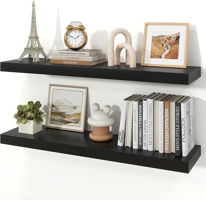 Floating Shelves for Wall, Wall Mounted Rustic Wood Shelves for Bathroom, Bedroom, Living Room, Kitchen, Hanging Shelf for Books/Storage/Room Decor (Black, 36") - ModernBath