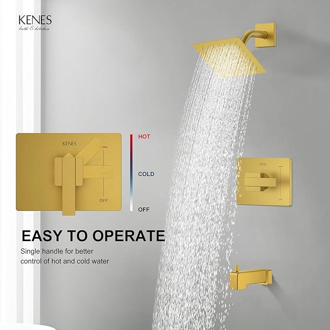 KENES Brushed Gold Tub and Shower Trim Kit, Square Tub Shower Faucet Set Complete with 6-Inch Rainfall Shower Head and Tub Spout, KE-6025A-4 (Shower Valve Included) - ModernBath