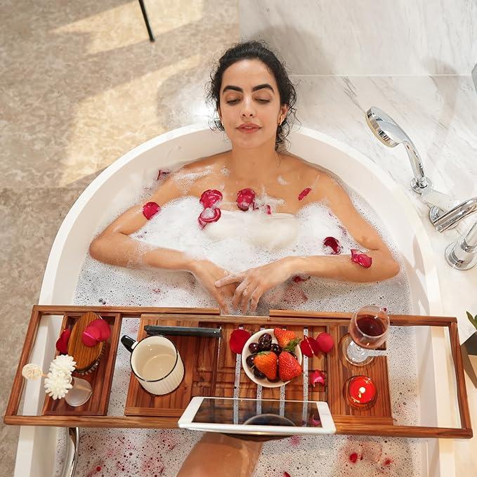 VaeFae Premium Teak Bathtub Tray, Expandable Wooden Bath Tray for Tub, Luxury Bathtub & Bathroom Accessories, Great House Warming, Anniversary & Wedding and Birthday Gifts (Free Teak Body Brush) - ModernBath