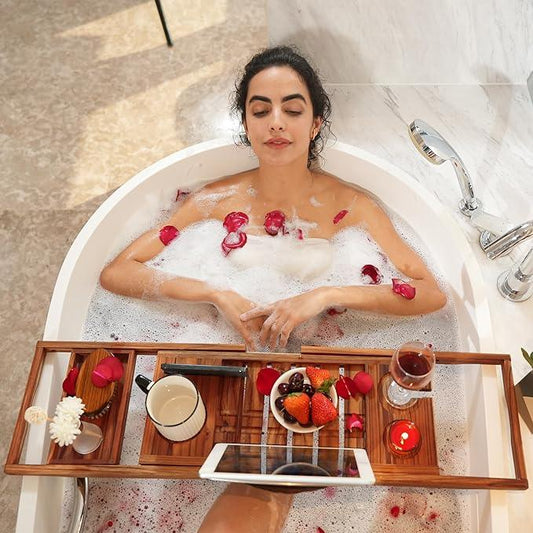 VaeFae Premium Teak Bathtub Tray, Expandable Wooden Bath Tray for Tub, Luxury Bathtub & Bathroom Accessories, Great House Warming, Anniversary & Wedding and Birthday Gifts (Free Teak Body Brush) - ModernBath